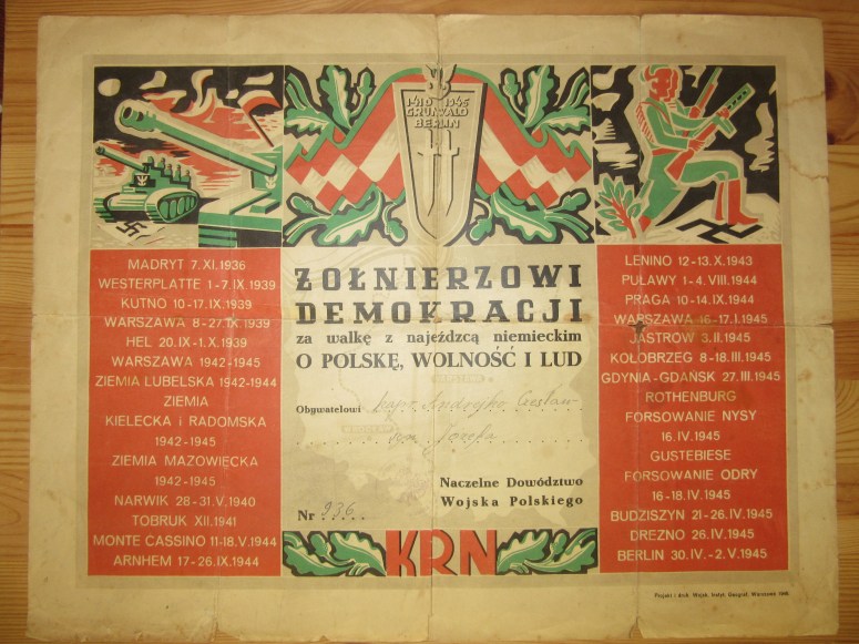 Dyplom żołnierzowi demokracji Czesława Andrejki